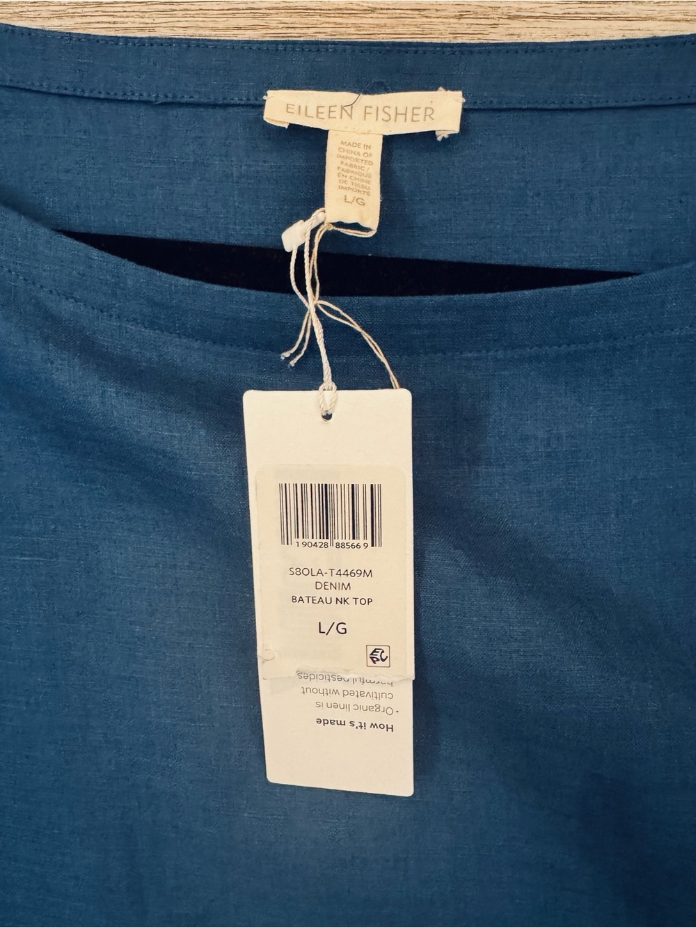 Eileen Fisher Denim Blue Bateau NK TOP Large organic linen NWT - Picture 3 of 6